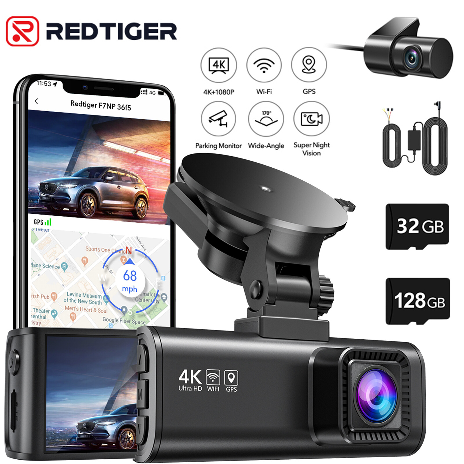 REDTIGER Front and Rear 4K Dash Cam with Hardwire Kit and 128GB Card