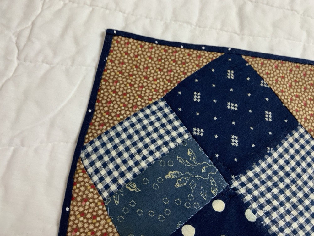 Antique Patchwork Quilt Table Topper, Four Patch, Early Calicos, Brown, Navy