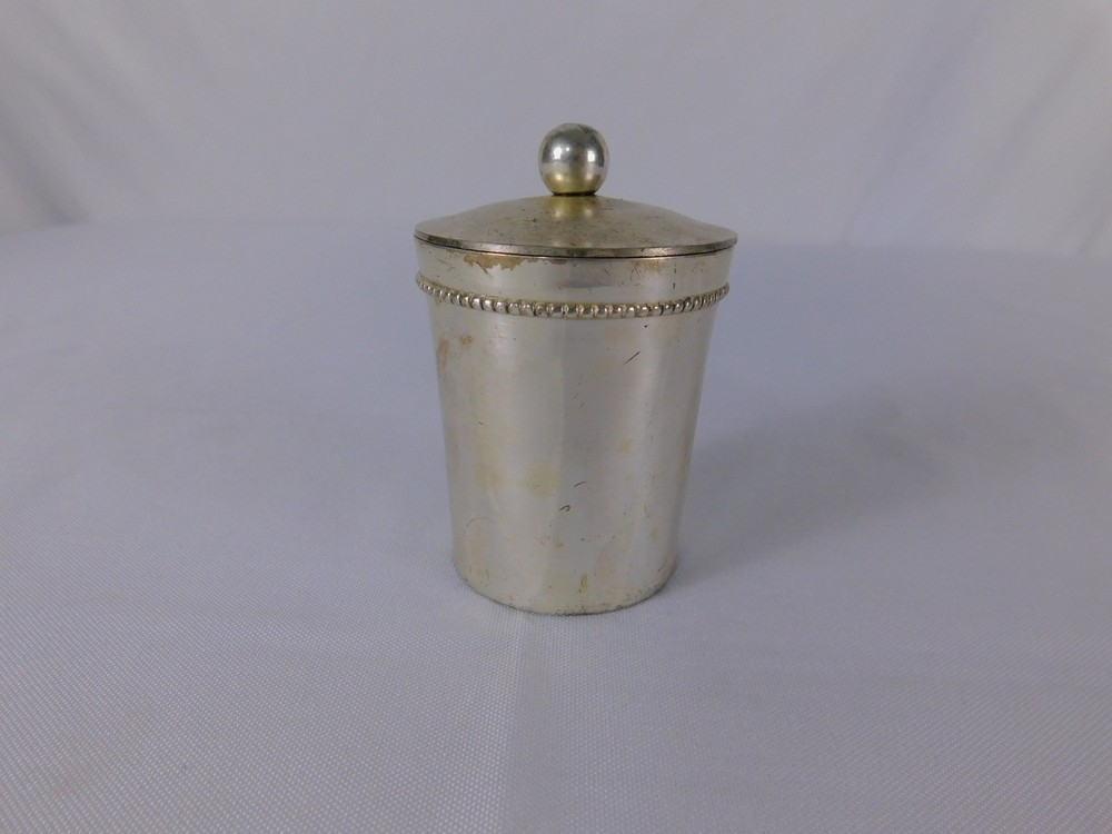 Vintage Silver Tone Metal Lidded Cup Beaded Rim Small Trinket Vanity Jar Decor