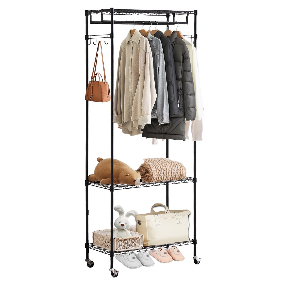 Clothes Rack Portable Adjustable Wire Shelves with Hanging Rods/Side Hooks