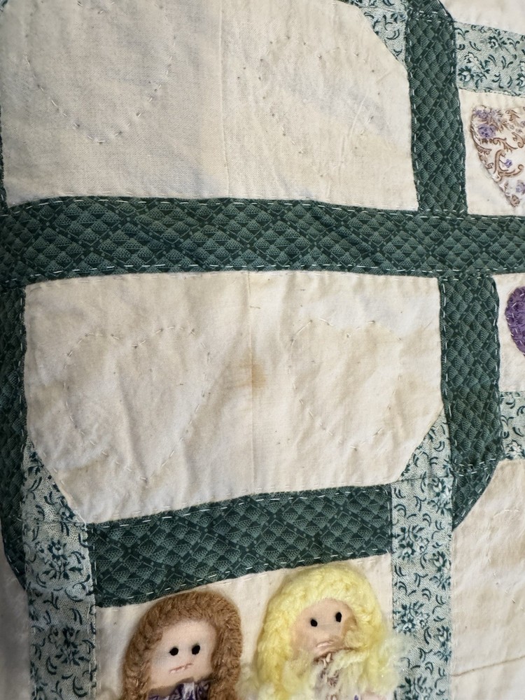 Handmade Patchwork Quilt two girlfriends Pattern Green Cotton