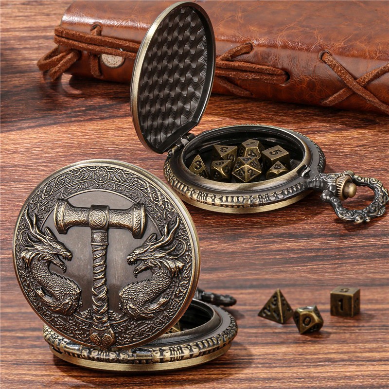 7pcs Metal Polyhedral Dice Tiny DND Dice Set in Steampunk Dragon Case w/ Chain
