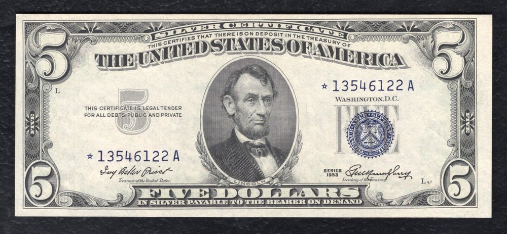 FR. 1655* 1953 $5 FIVE DOLLARS *STAR* SILVER CERTIFICATE NOTE CHOICE UNC