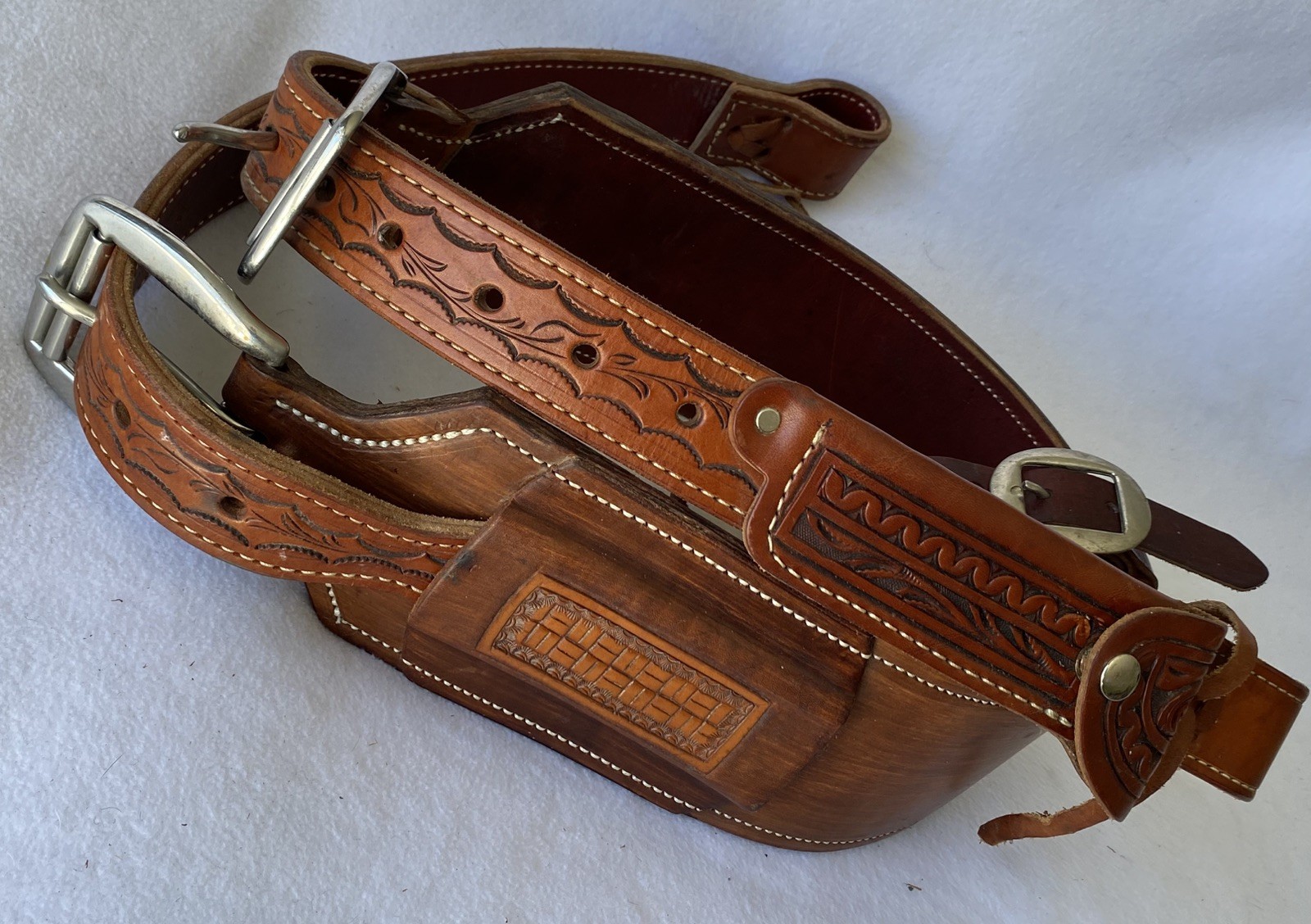 High QUALITY Double Stitch TOOLED Skirt Leather Back Flank Cinch &Billet SET~EUC