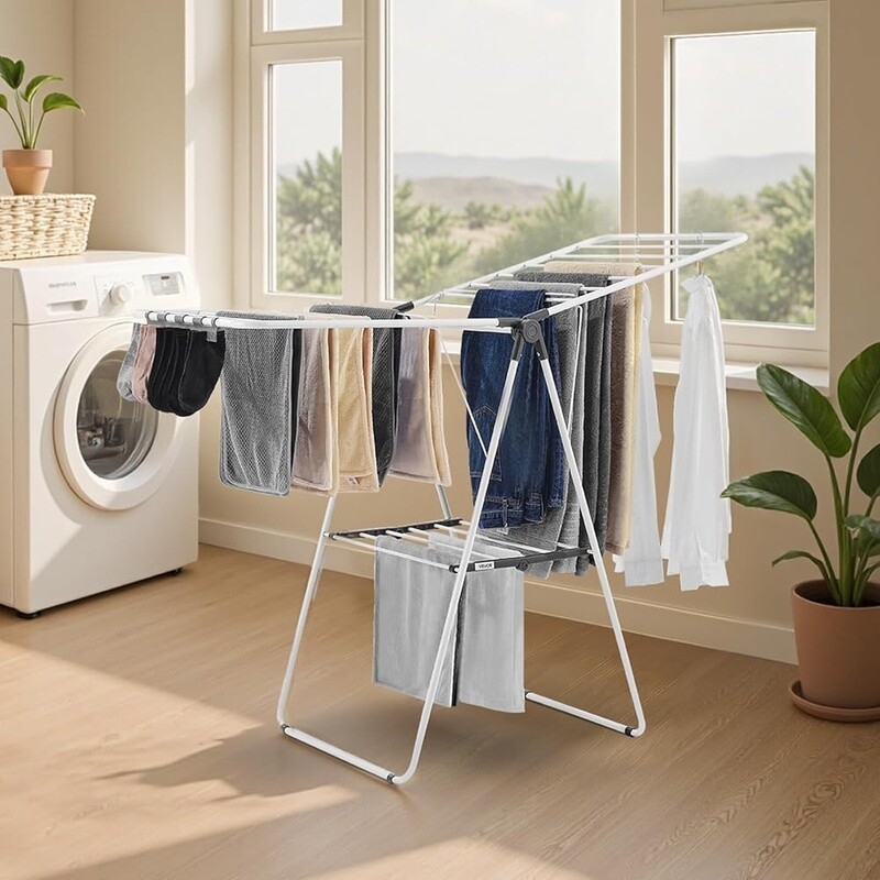 Foldable Clothes Drying Rack 2-Tier Adjustable Height W/ Sock Clips 21 Rods New