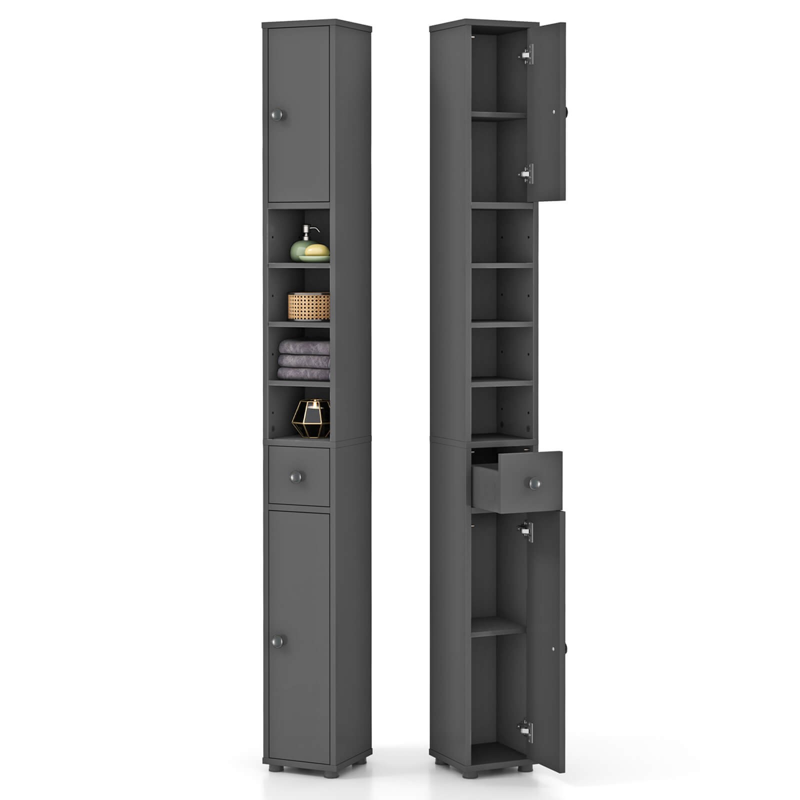 71" Slim Bathroom Storage Cabinet w/ 2 Doors 5 Adjustable Shelves 1 Drawer