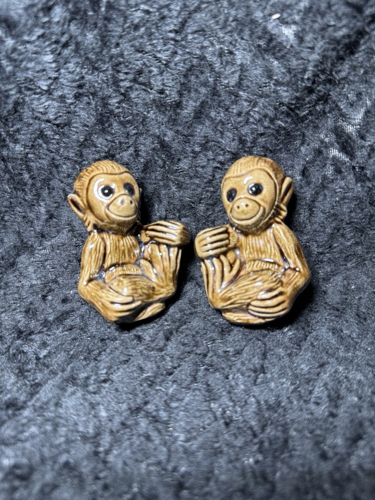 2 Vintage Ceramic Macrame’ Monkeys Beads 3 inches tall.