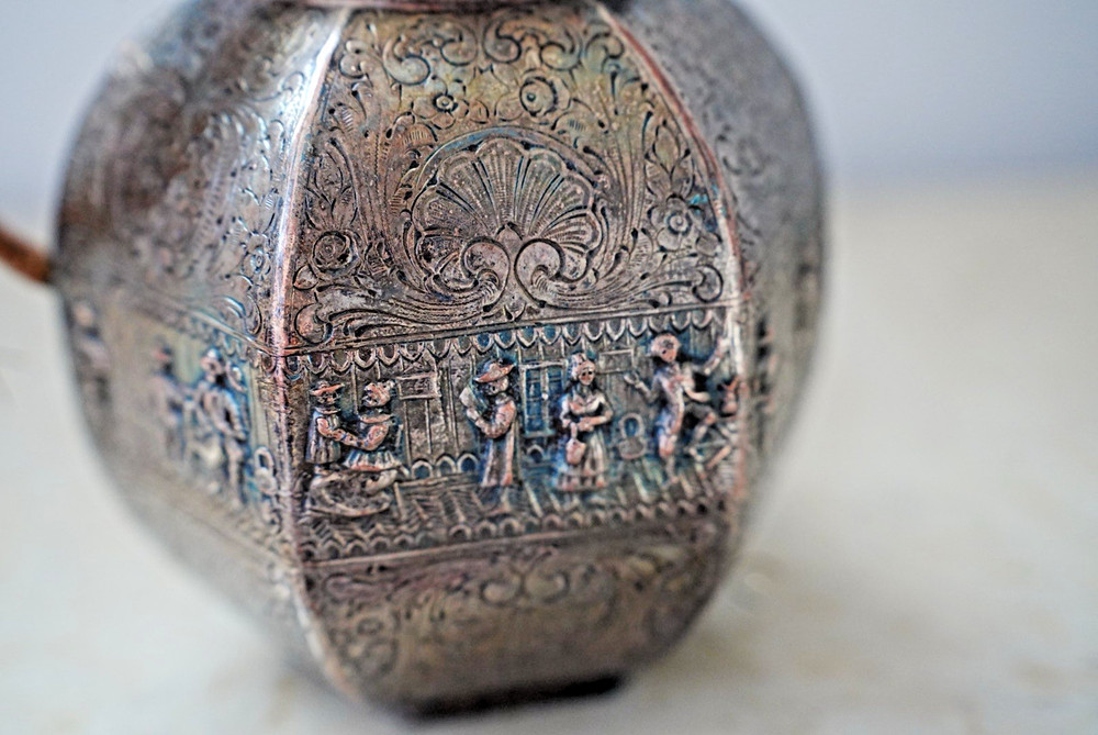 Antique EG Webster Silver Repoussé Pitcher Ornate with Rattan Handle