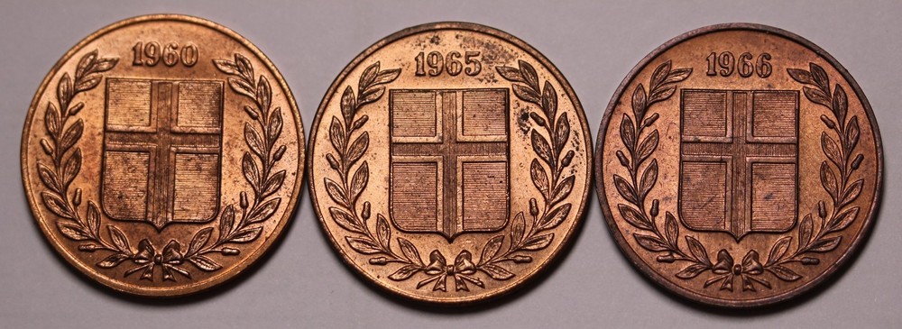 Iceland 5 Aurar Coins (3) 1960, 1965, & 1966 KM# 9 Unc