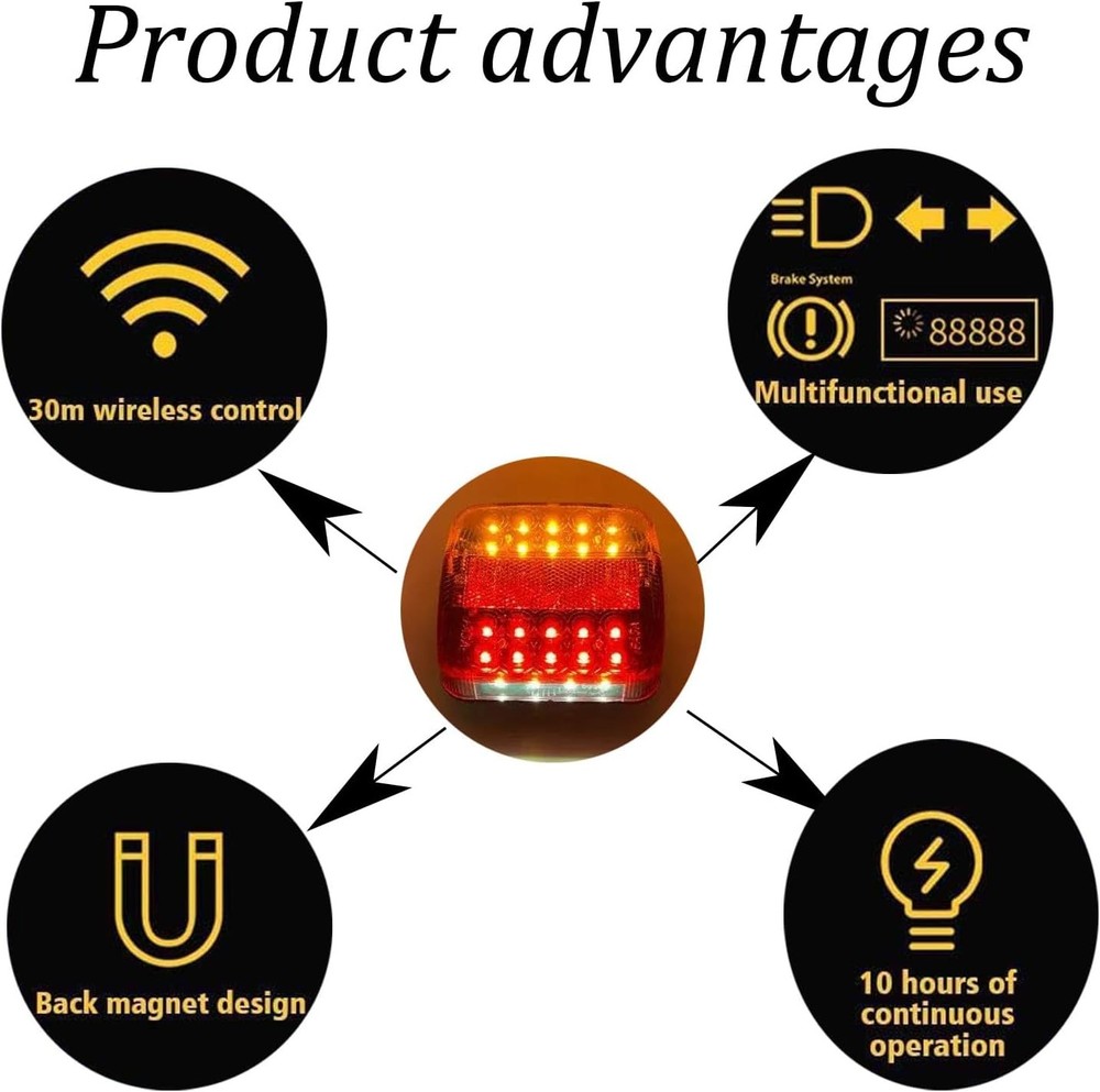 Wireless Magnetic Trailer Light Kit Rechargeable LED Waterproof Red