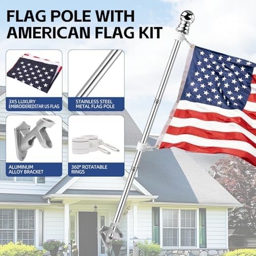 American Flag 3x5ft with 5 Ft Outdoor Pole Kit Stainless Steel Aluminum Silver