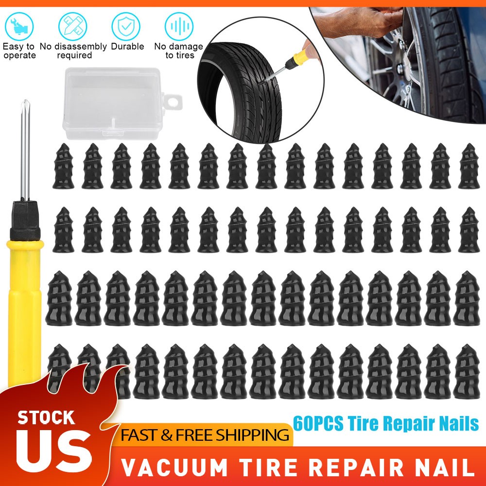 60PCS Tire Repair Screws Kit With Screwdriver 3 Sizes Rubber Plugs Flat Tires