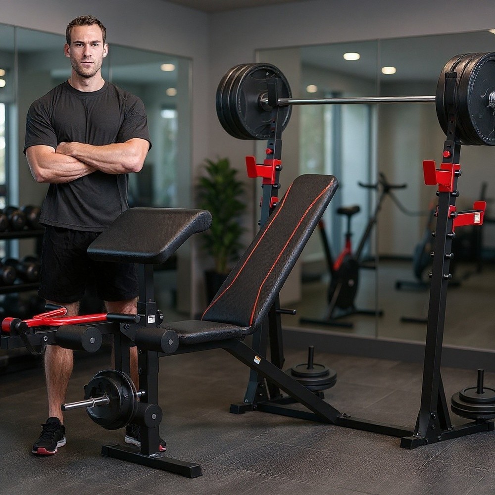 900LBS Multi-Purpose Adjustable Weight Bench Workout Bench Set with Barbel Rack