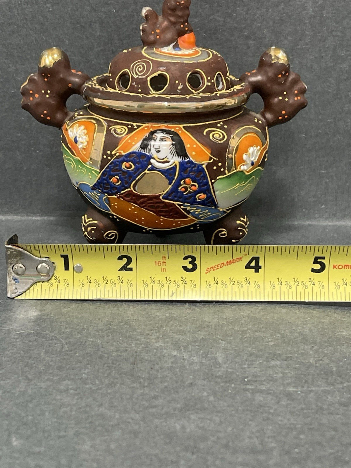 Vintage Satsuma Incense Burner with Gold Foo Dogs 1950s Moriage