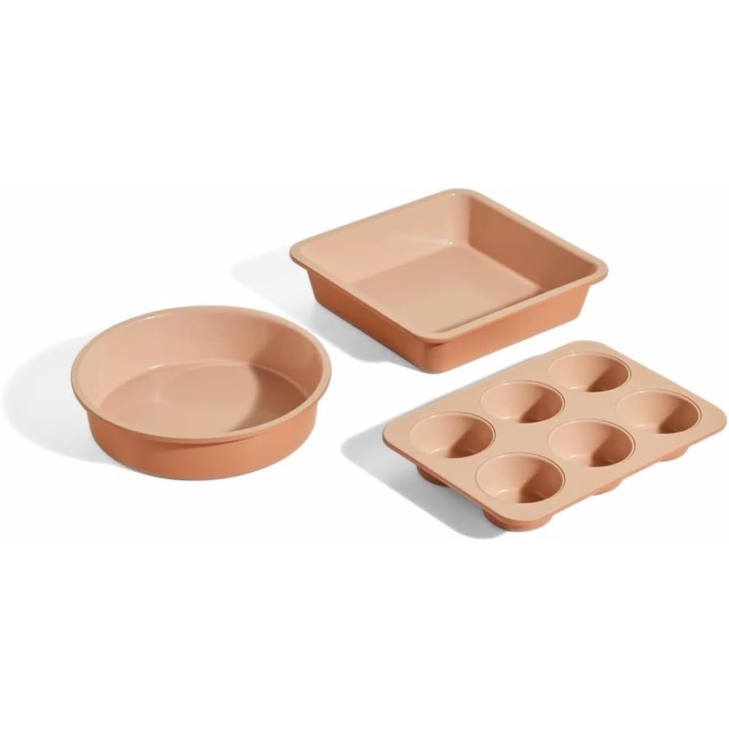 3pc Nonstick Bakeware Set Ceramic Coating Oven Safe Muffin Pan Round Square New