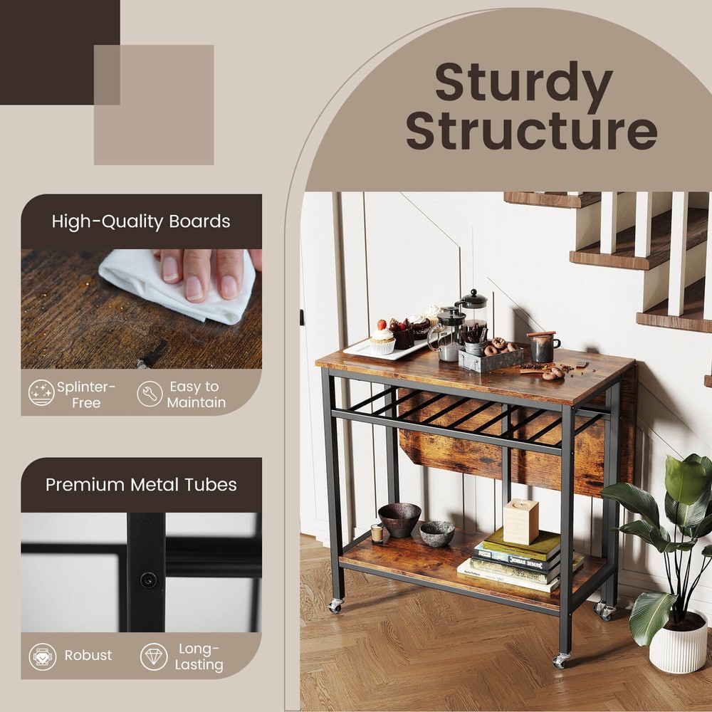 Folding Dining Table Movable Kitchen Table with Wine Rack Storage Shelf & Wheels