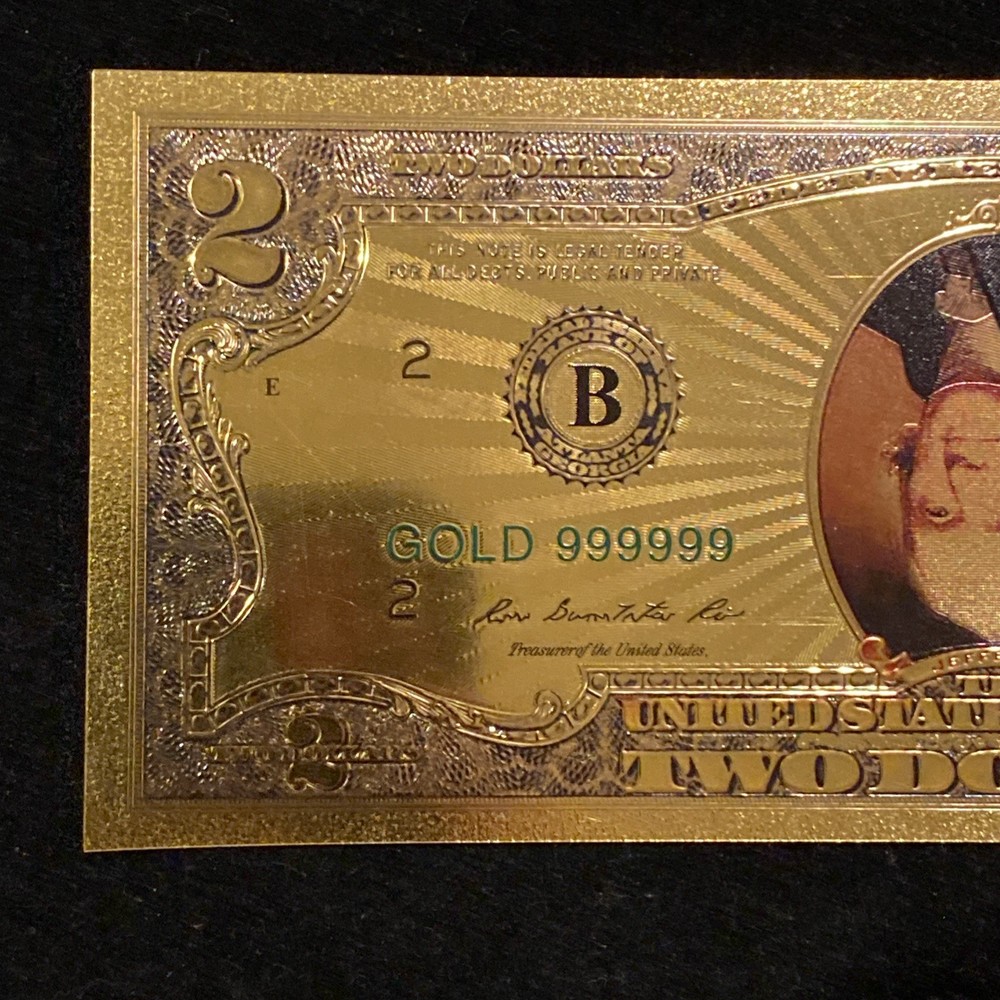 $2 Gold Foil Novelty Banknote Colorized Upside Down Portrait