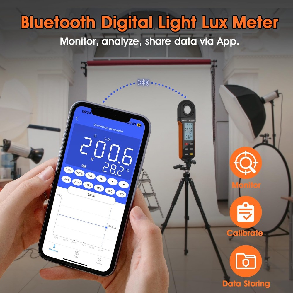 BTMETER Illuminance Light Meter w/Bluetooth - Digital Lumen Tester Measure Li...