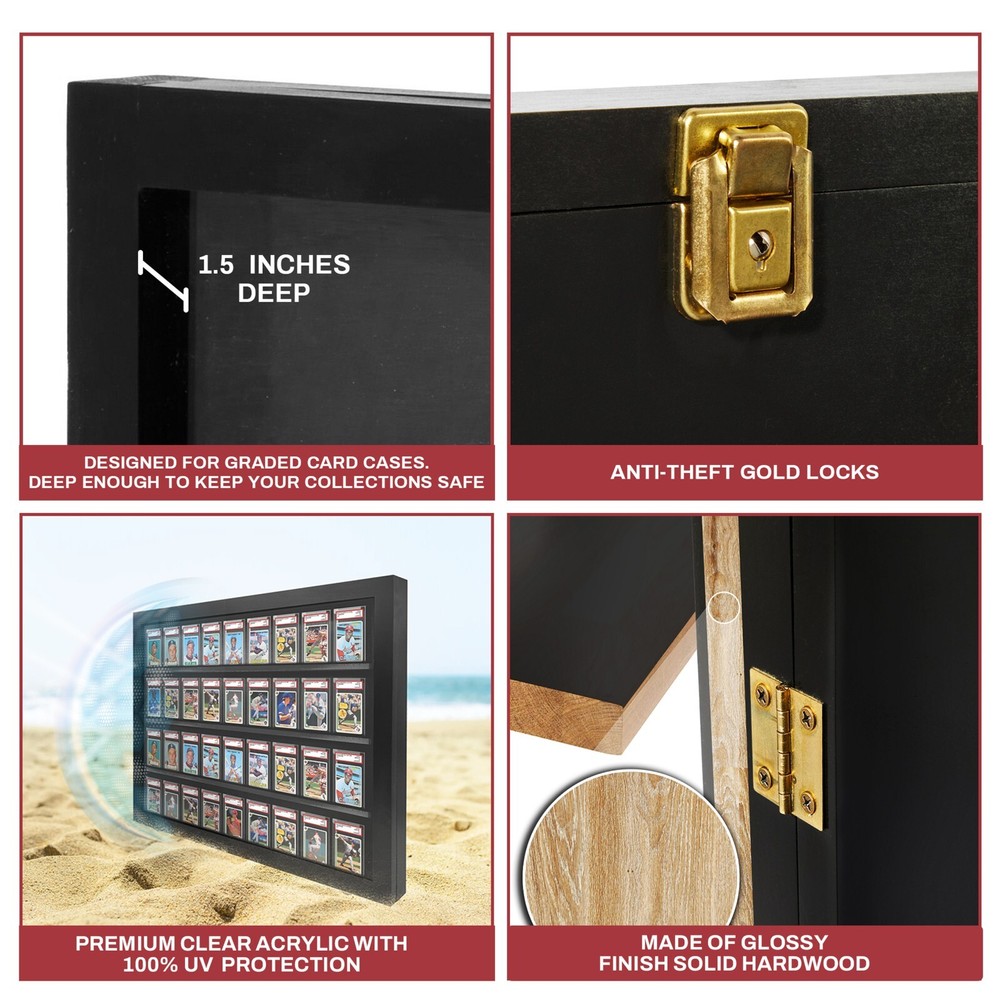 Black Finish 36 Horizontal Graded Baseball Card display Case DEEP