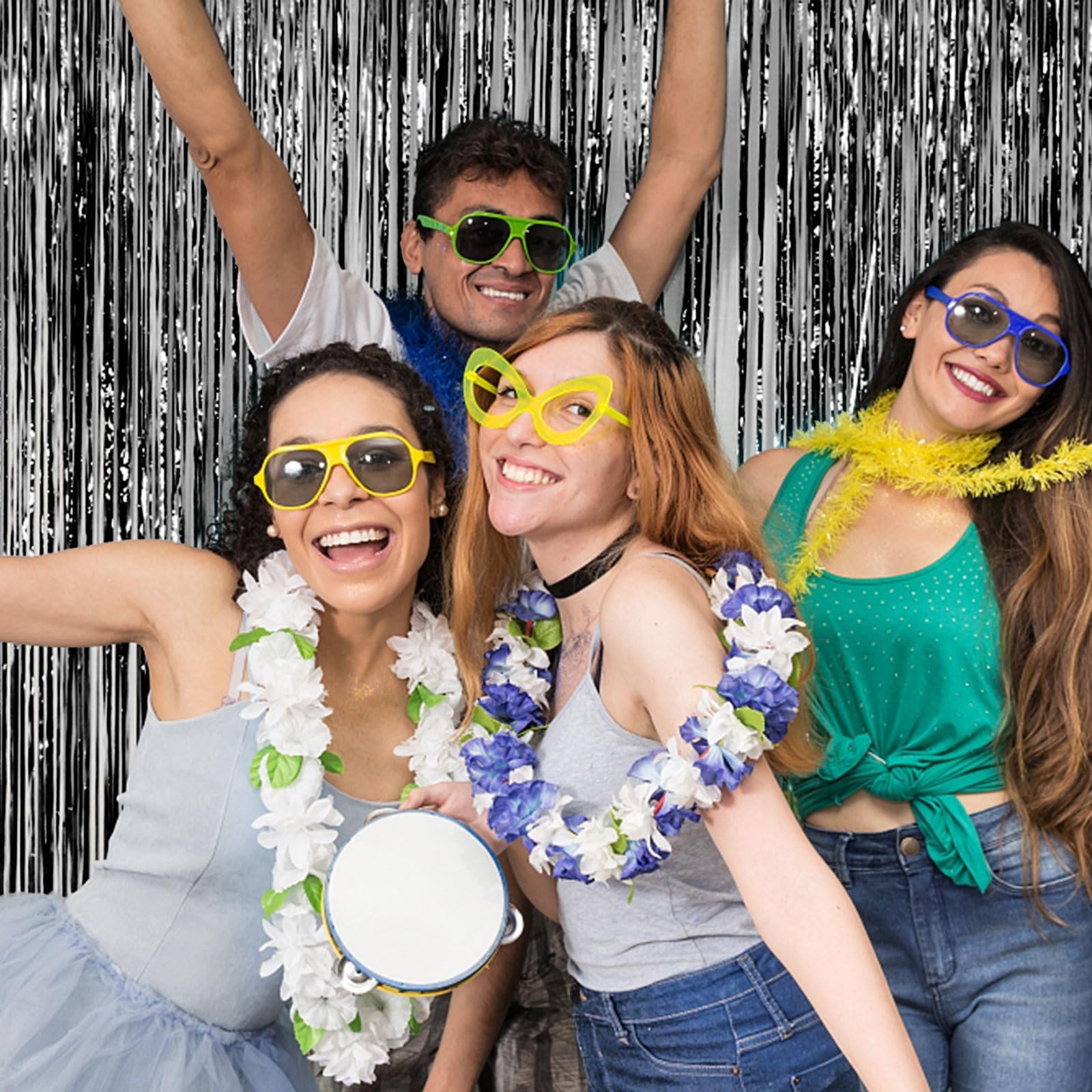 2 Pack Foil Curtain Backdrop Black Metallic Tinsel Foil Fringe Curtains Photo...