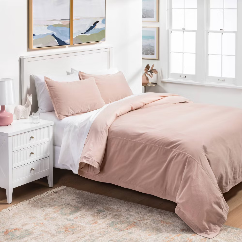Full/Queen Solid Velvet Duvet & Sham Set Soft Blush - Threshold