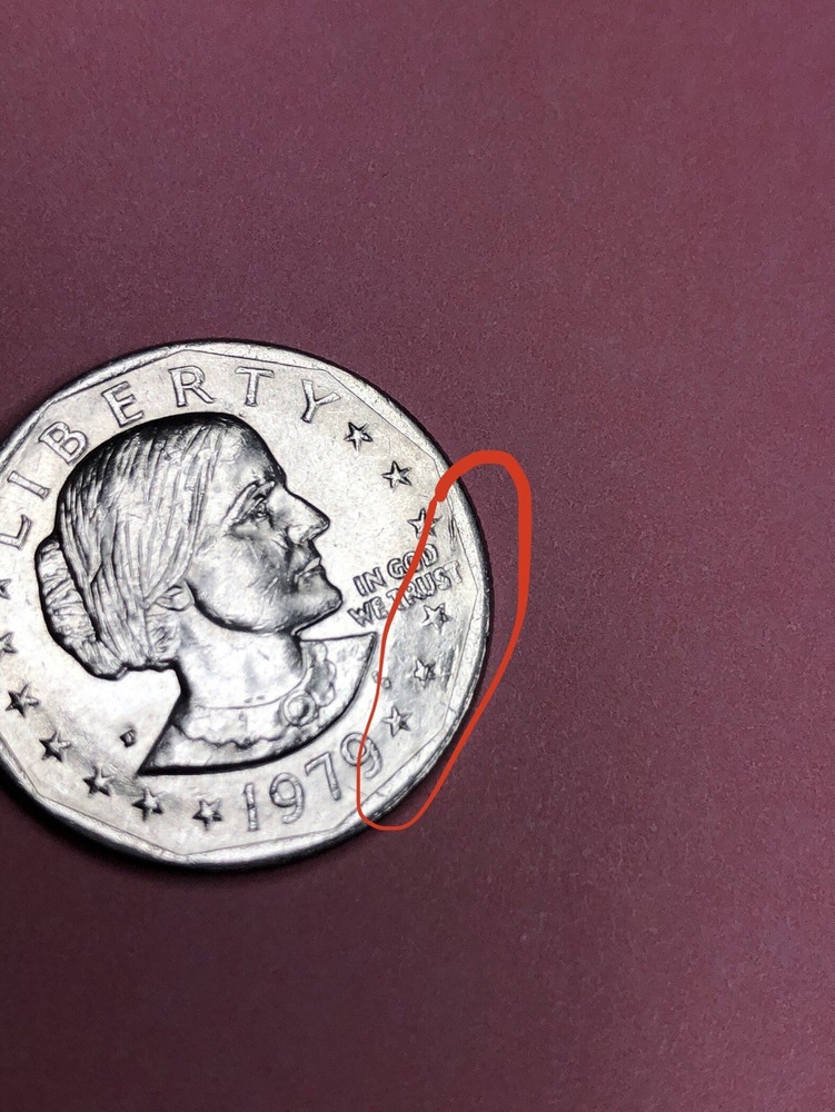 1979 P Susan B Anthony Dollar, Strike Error, Mint Mark Heavy “P”, Edge Error