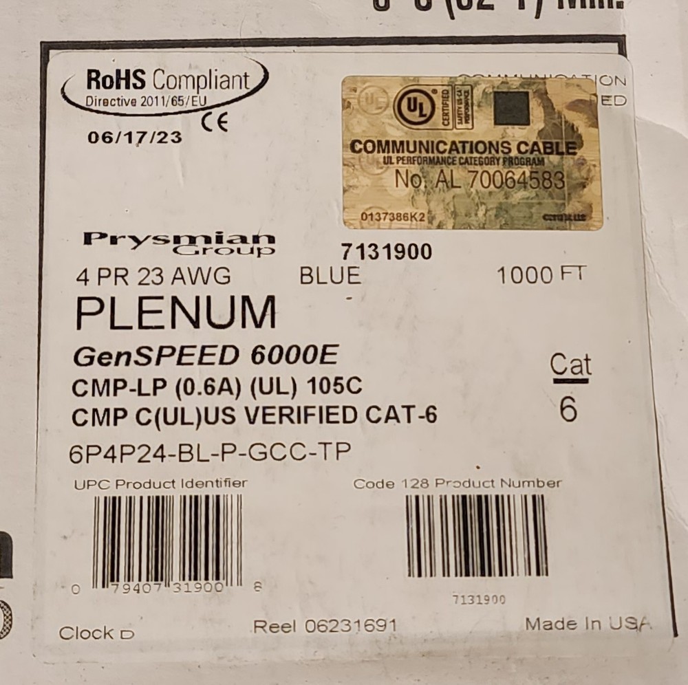 General Cable GenSPEED 6000 Enhanced Cat 6 CMP-LP, Plenum, Blue, 786’ remaining