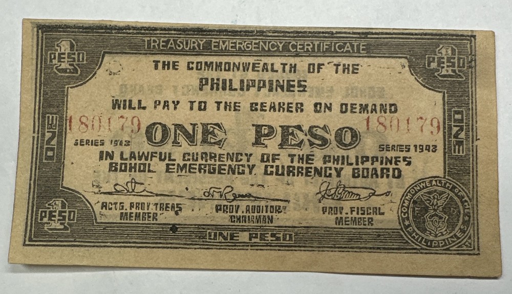 1943 Philippines One Peso Treasury Emergency Certificate Banknote CU WW2