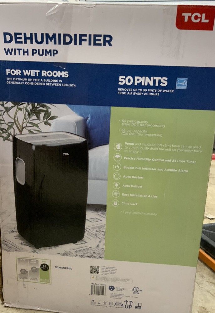 🧷 TCL 50-Pint Dehumidifier w/pump, black 🆕 Distressed Box Read👇
