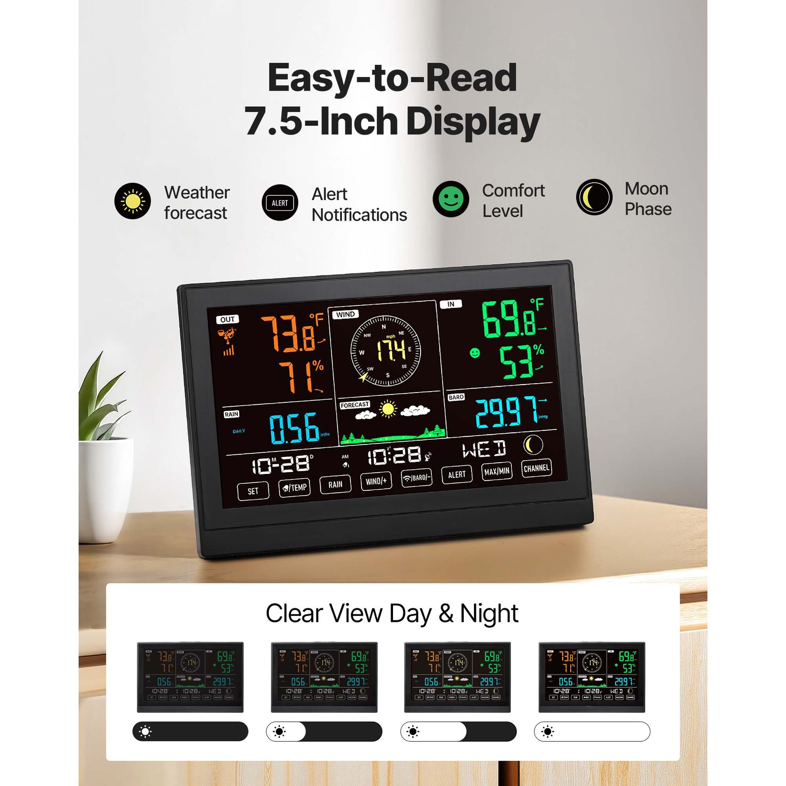 Uimoso 5-in-1 Wireless Weather Station 7.5'' Display and Indoor-Outdoor Sensor