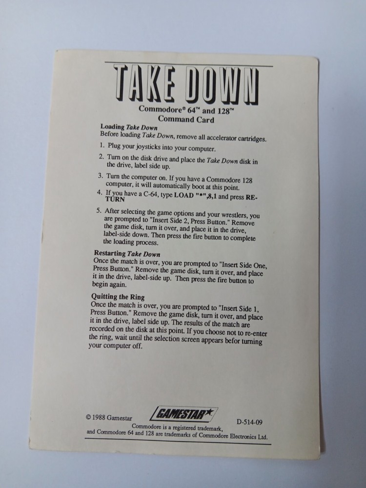 Commodore 64/128 Take Down Computer Game Software Tested/Works Gamestar