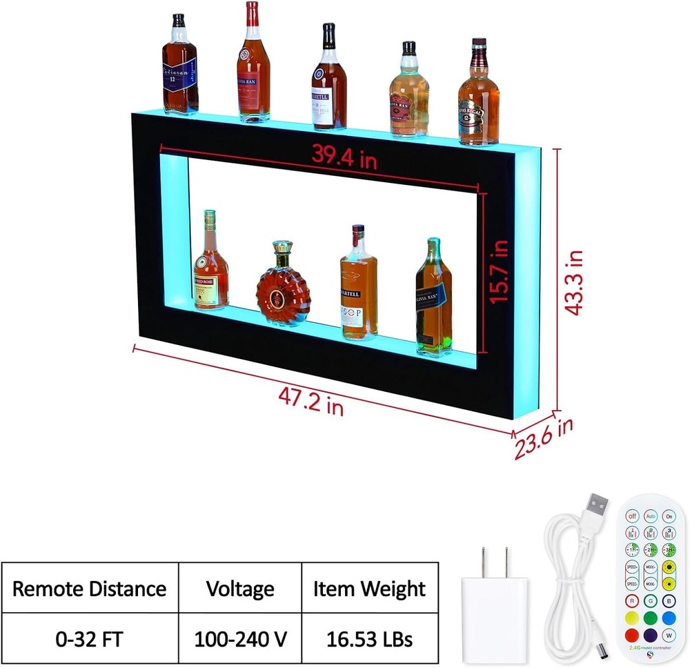 2 Layer Acrylic LED Lighted Display Wine Rack 48'' Wall-Mounted With App Control
