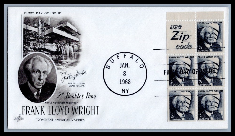 US FDC # 1280a 2c Frank Lloyd Wright ArtCraft Pane Use Zip 1968, 9d358