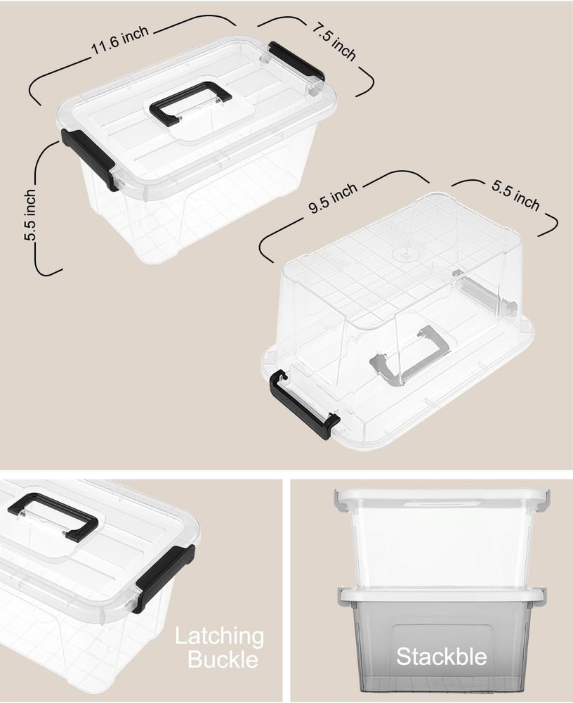 Transparent Stackable Storage Bins 7 Quart, 6 Pack with Handles - Home Organizer