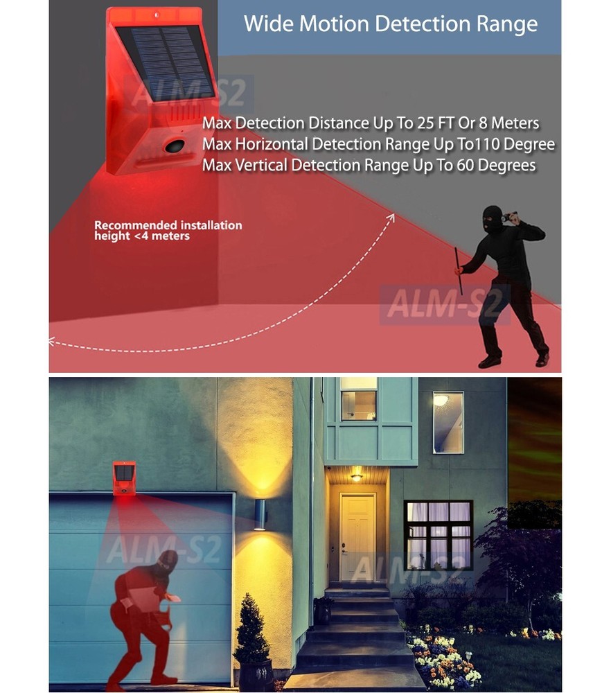 Solar Home Security Alarm 110dB Siren Red Strobe Light Motion Sensor IR Remote