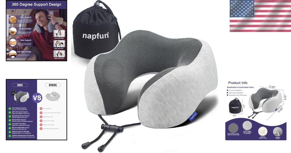Luxury Memory Foam Travel Neck Pillow with Adjustable Drawstring - Light Grey