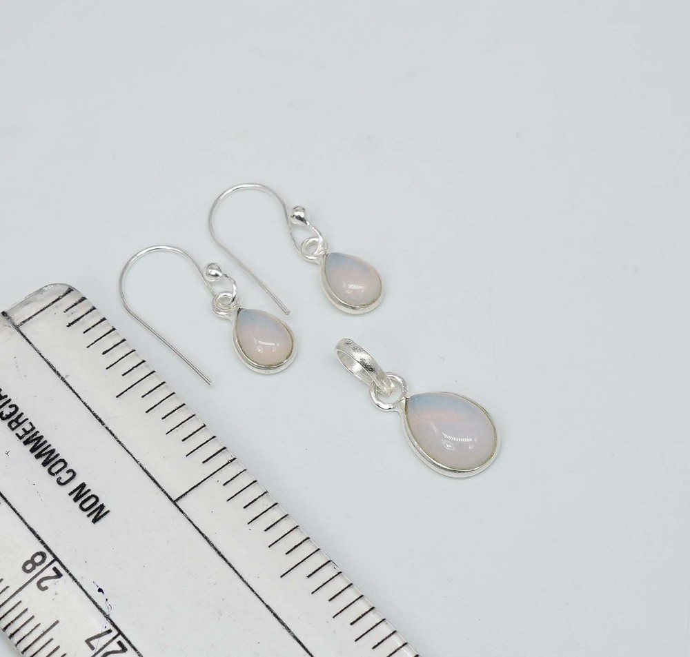 925 Solid Sterling Silver Milky Opalite Hook Earring Pendant Set