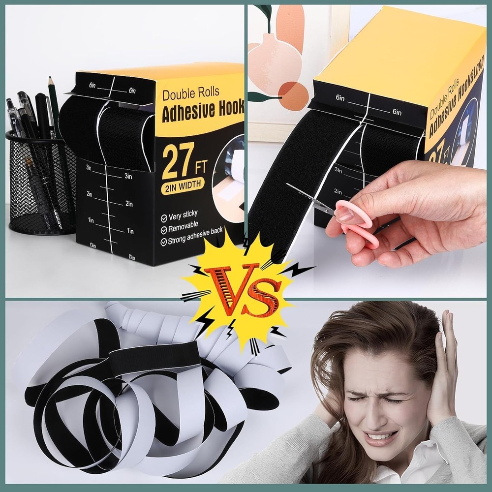 Strong Adhesive Nylon Hook and Loop Strips, 27Ft Black Tape Set with Scissors