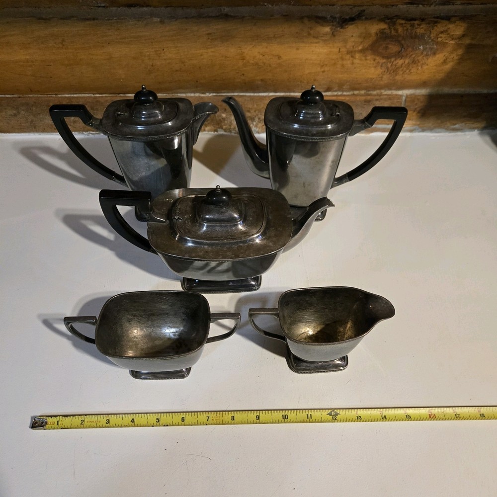 Hecworth Scheffield Tea Coffee Set Silverplate Brutalist Gothic Aged Patina 5 Pc