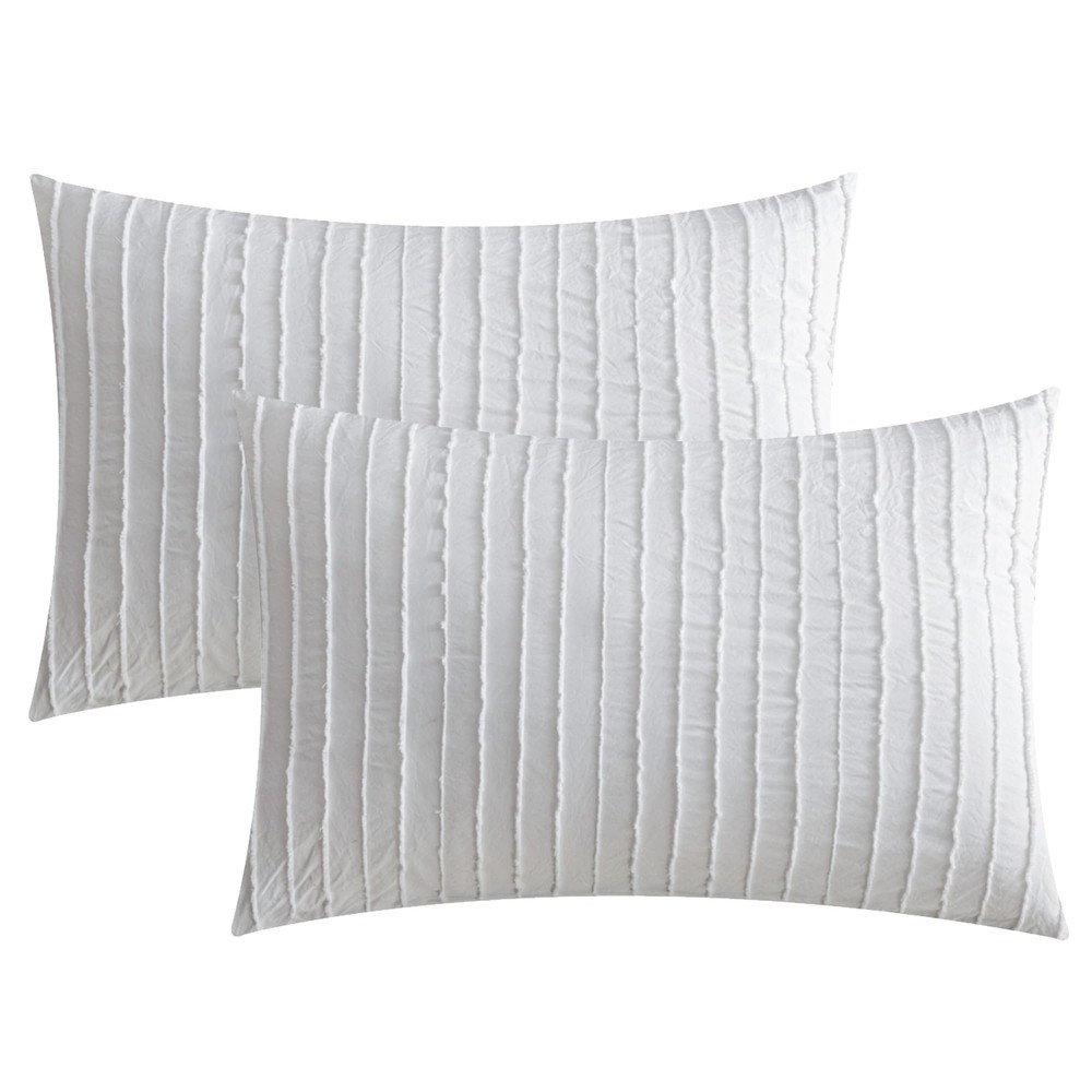 2 Pack Bright White Pillowcases Queen Size Soft Microfiber Striped Tufted Pil...