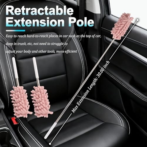 2PCS Car Duster Interior with Bendable Head & Retractable Extension Pole,Pink