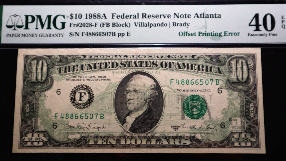 10$ 1988-A OFFSET PRINTING ERROR, EXTRIMLEY FINE CONDITION PCGS 40