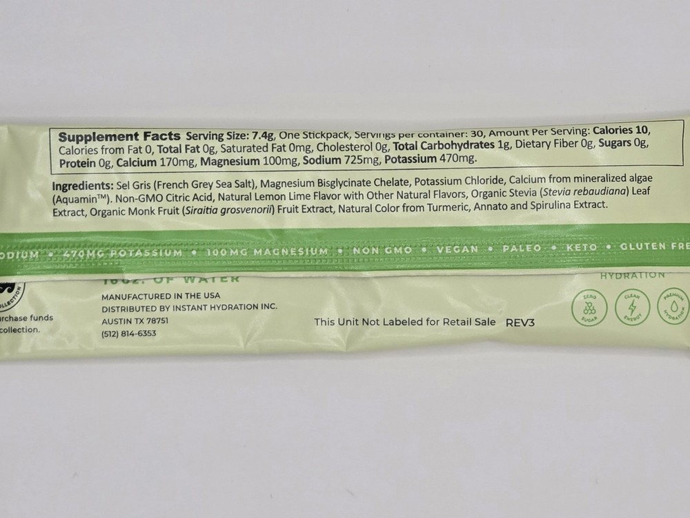 Instant Hydration Electrolyte Powder Packets Lemon Lime - 25 Packets-NEW