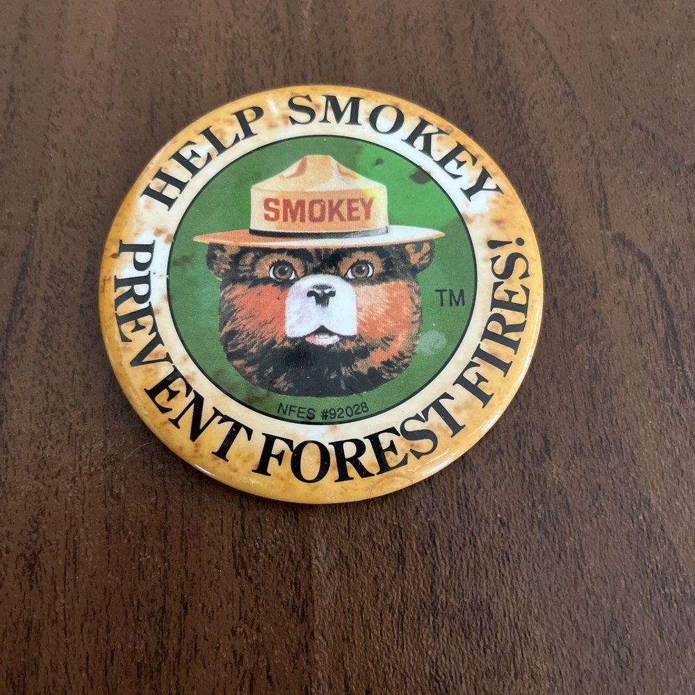 HELP SMOKEY BEAR PREVENT WILDFIRES! Fire Prevention Button Pinback Pin