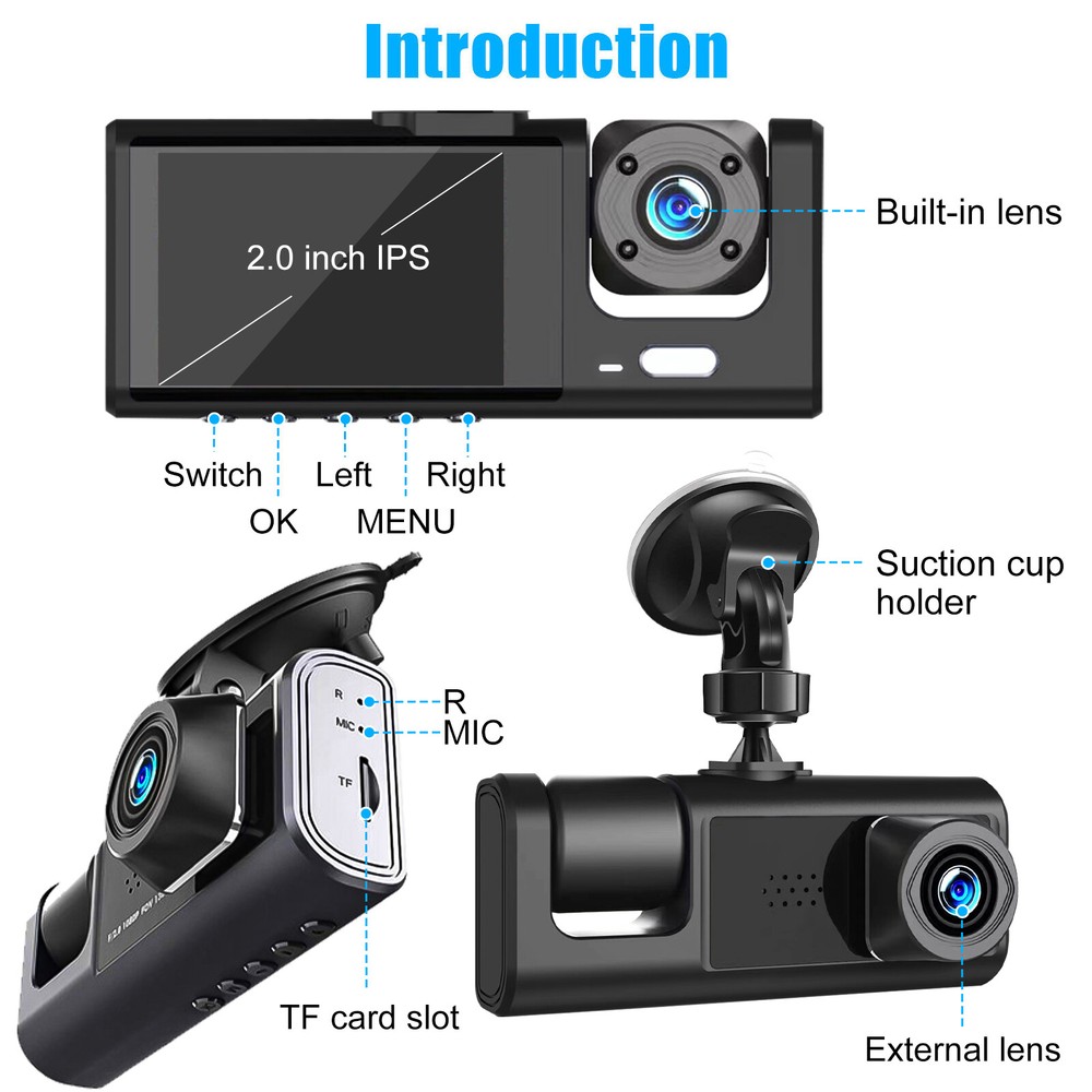 FHD 1080P Dash Camera Car DVR Front/Rear/Inside Recorder G-sensor Night Vision