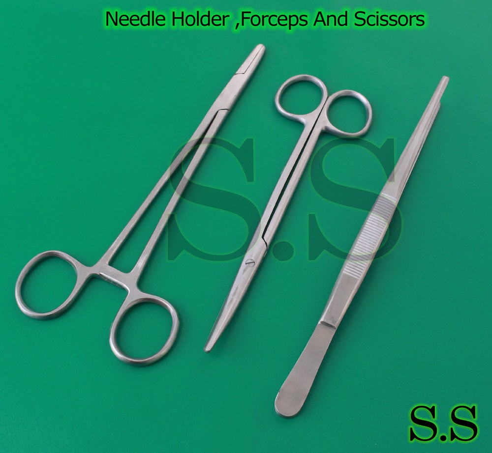 3 Pcs Surgical Instruments Needle holder, forceps and scissors DS-652