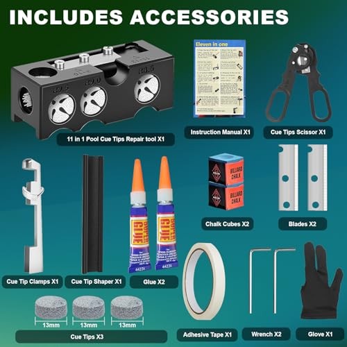 Billiards Pool Cue Tip Shaper, 11-in-1 Pool Stick Tips Replacement Kit, Plastic