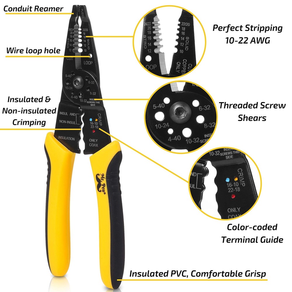 Mr. Pen- Wire Stripper, 8 inch, Cutter, Stripper Crimper, Yellow