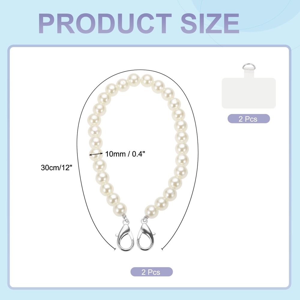 2Pcs Phone Wrist Strap 12" Cellphone Pearl Chain with Tether Tabs & Silver Clasp