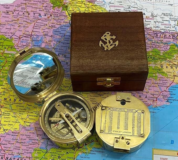 Brass Compass Antique Looking Engraved Designer with Leather case Working Brass